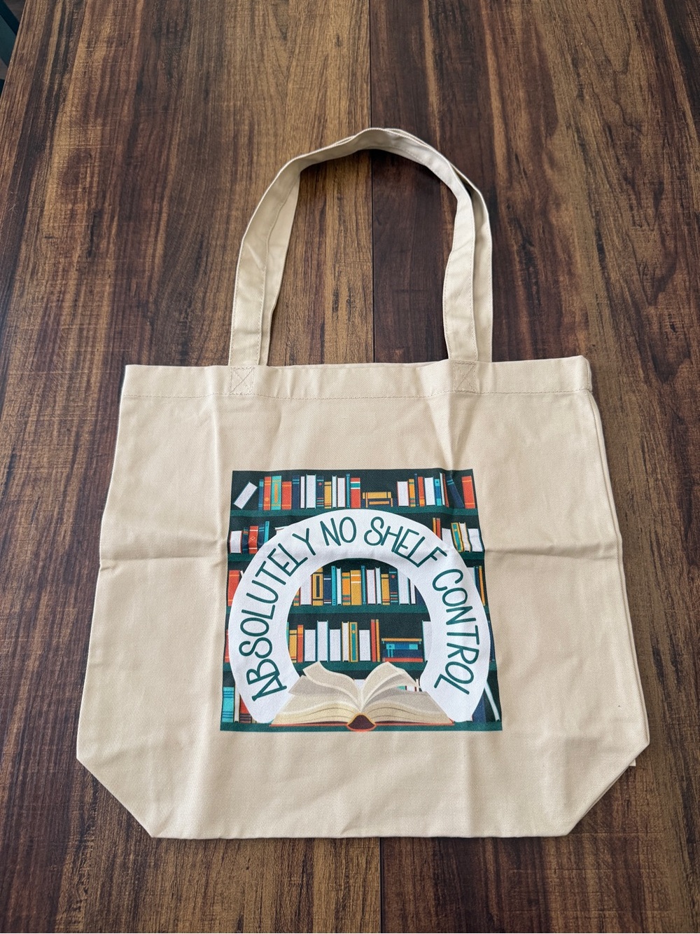 Cream Canvas Tote Bag with 'Absolutely No Shelf Control' Library Print